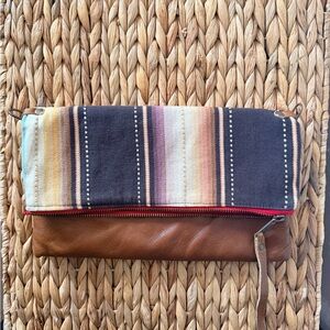 Striped hand woven fabric & Brown Leather Foldover Clutch - Multicolor